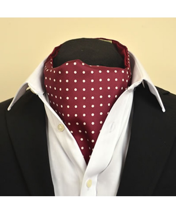 Fine Silk Spotted Cravat with White Spots on Wine Red